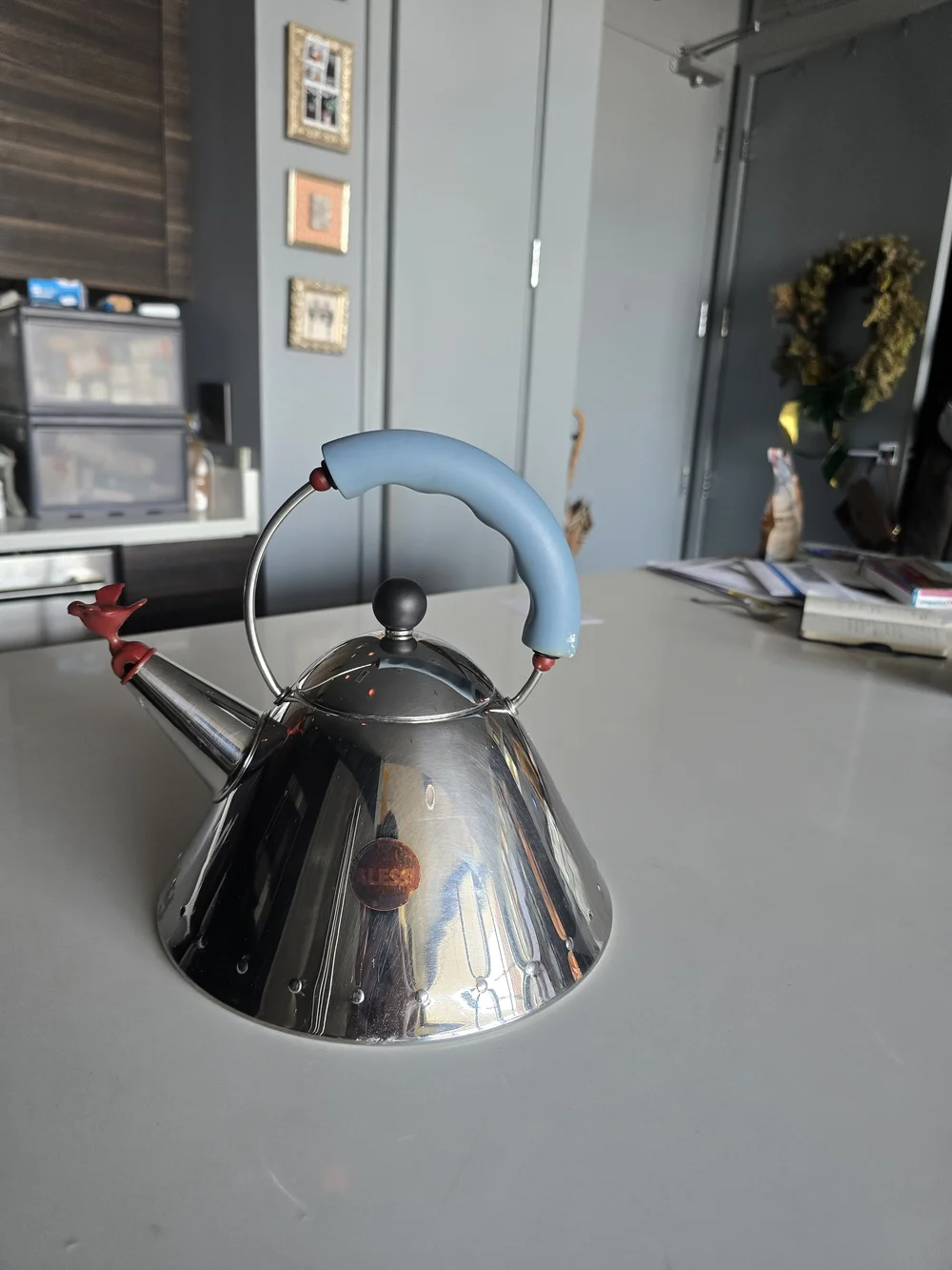 Stainless Steel 9093 Tea Kettle with Blue Handle and Red Bird Accent